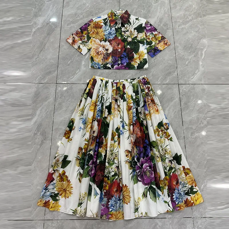 Floral Print 2 Piece Set Women | Luxury Designer Inspired Crop Shirt & Cotton Maxi Skirt | Spring Summer Beach Vacation Outfit 2