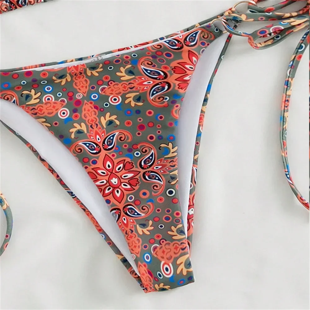 Strój kąpielowy z nadrukiem w stylu vintage String Halter Bikini stroje kąpielowe z odkrytymi plecami stringi Trend kobiety 2-częściowy Push Up