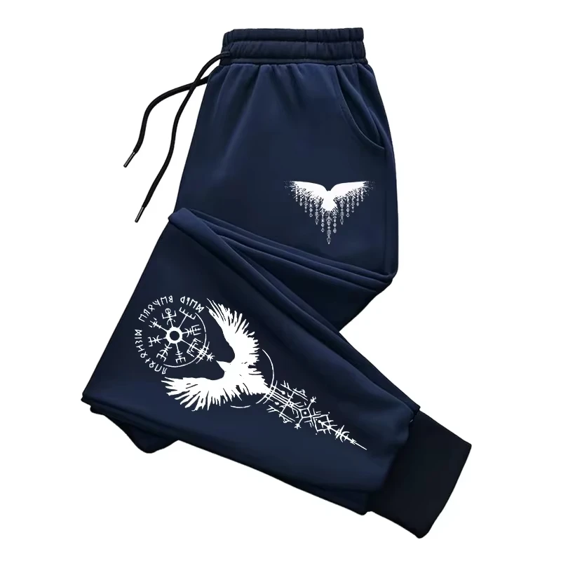 New men's jogging pants autumn and winter casual sports sweatpants comfortable home outdoor trousers vintage Viking raven print