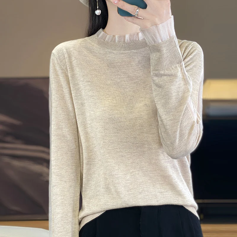 2024 New Spring and Autumn Cashmere sweater Women Long Sleeve O-Neck Lace Knitted Sweater Pullover Cashmere sweater Women