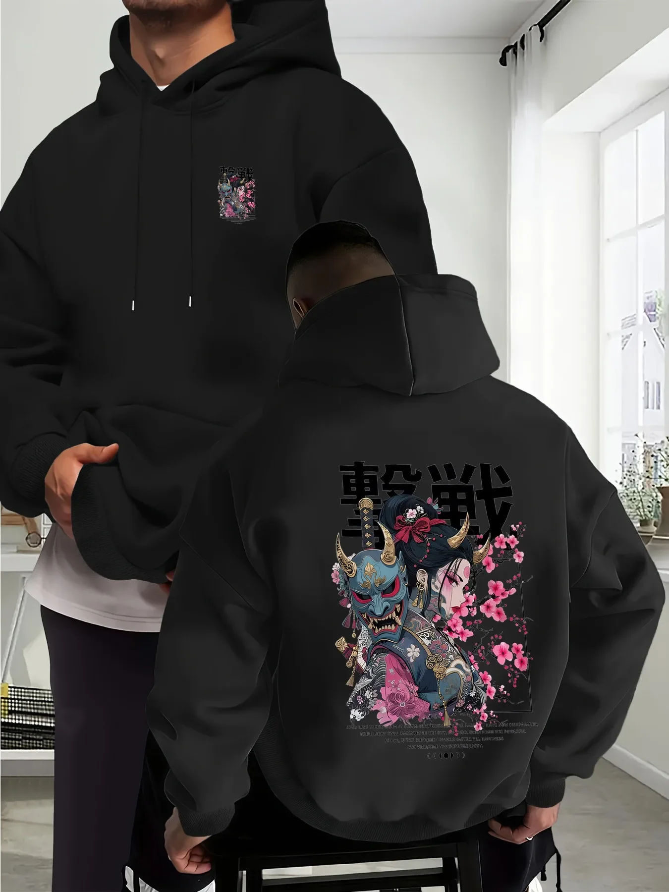 Y2K Streetwear Racing Insect Graphic Hoodie Retro Japan Style Samurai Mask Cherry Blossom Sweatshirt Loose Fleece Hoodie