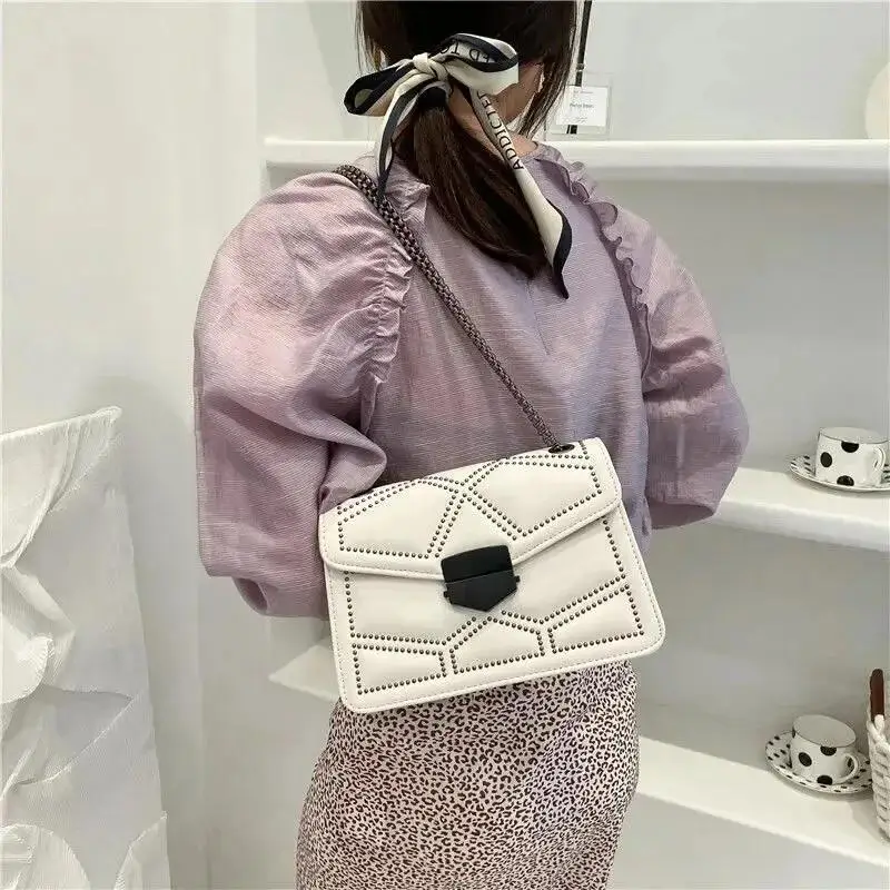 Vintage Rivet Chain Shoulder Bags For Women Flap PU Leather Fashion Small Square Crossbody Bag Designer Handbag