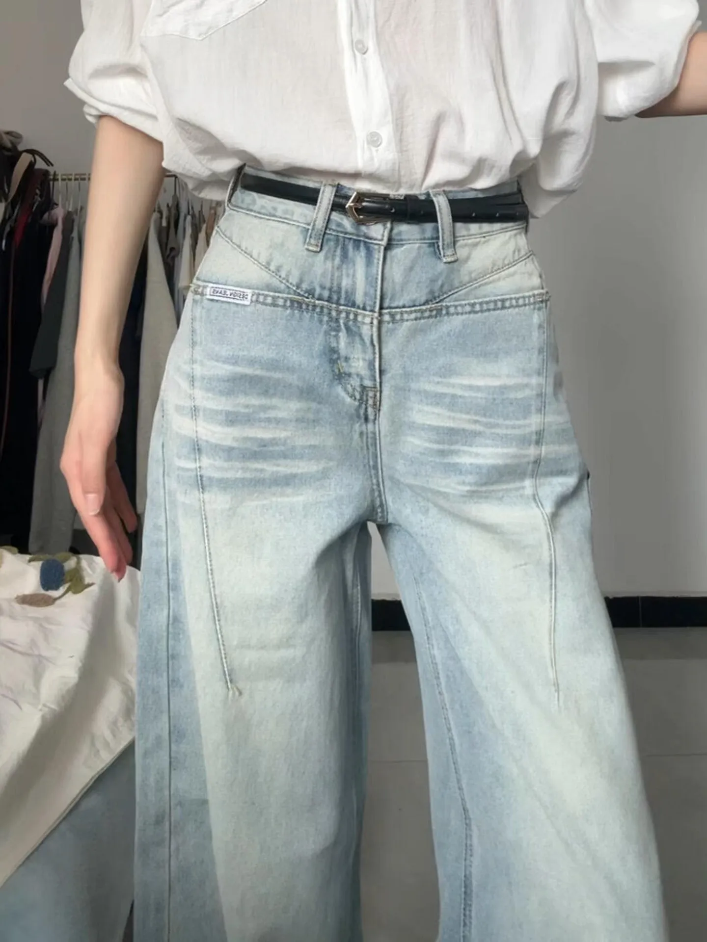 

Retro Blue Waed Knife Denim Jeans High Waist Wide Leg Casual Long Trousers for Men And Women American Vibe Deconstruct...