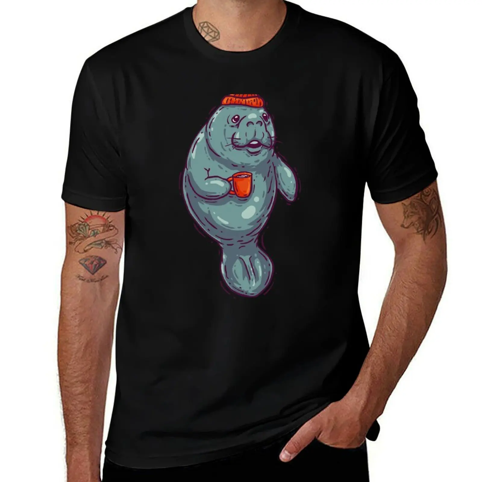 Morning Manatee - Having a Coffee Manatea Dugong Manatee County T-Shirt Summer Print Short Sleeve Tee T-Shirt