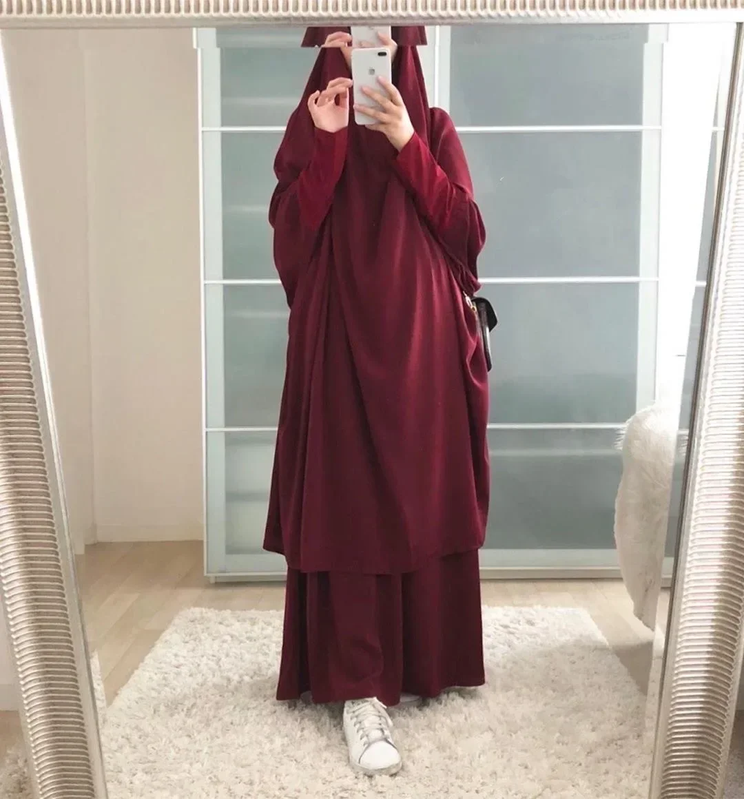 Eid Hooded Muslim Women Abaya Jilbab 2 Piece Set Long Khimar Hijab Dress Nida Prayer Garment FullCover Ramadan Gown Abayas Skirt