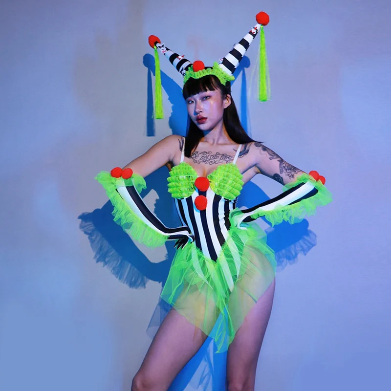 Fluorescence Green Clown Gogo Dance Outfit Party Rave Clothing Drag Queen Costume Nightclub Bar Dj Dancer Stage Wear