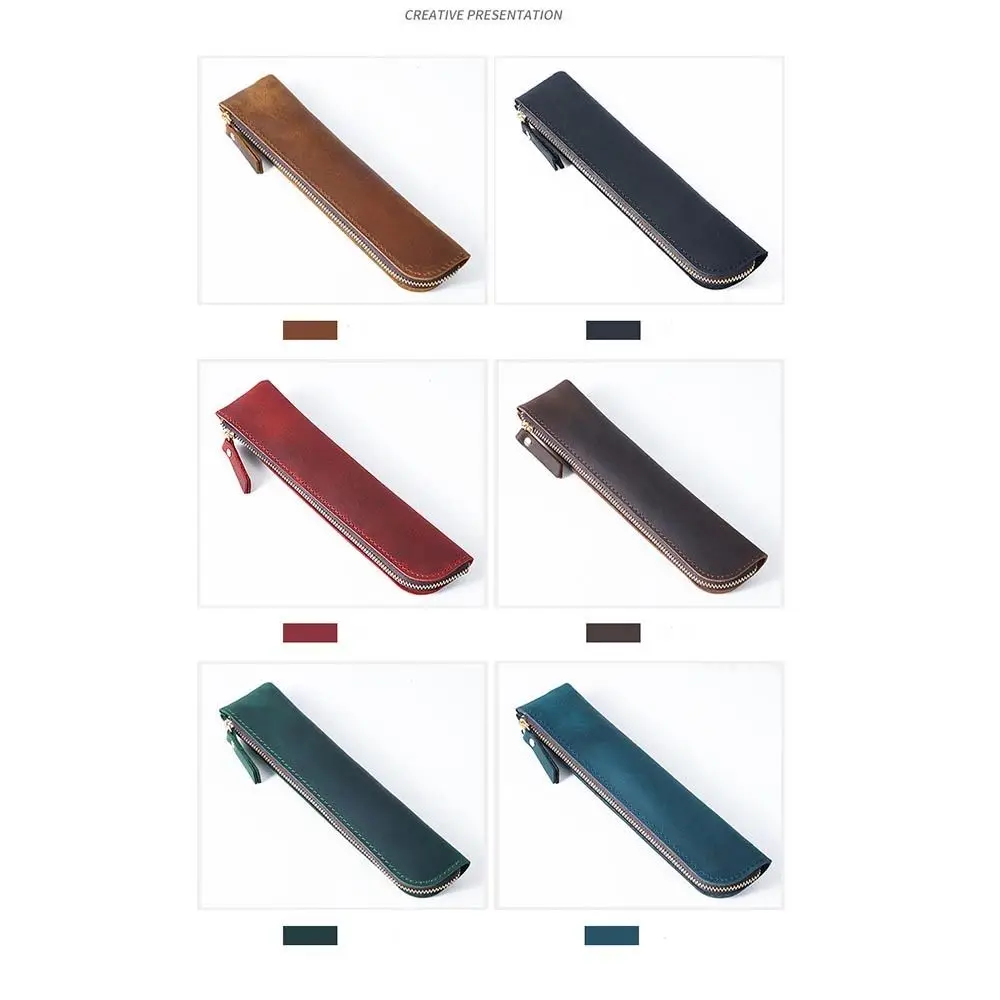 Ретро пенал на молнии из воловьей кожи, держатель для карандашей, чехол для ручек ручной работы, высококачественная кожаная сумка для ручек, школьные канцелярские принадлежности