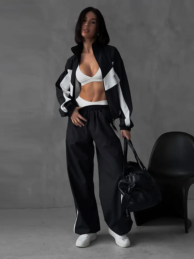 Getäfeltes, langärmliges, übergroßes Oberteil, Hosen-Sets für Damen, Streetwear, Laternenärmel, Reißverschluss, lockerer Mantel, Hose mit weitem Bein, modische Sportbekleidung – Detail 31