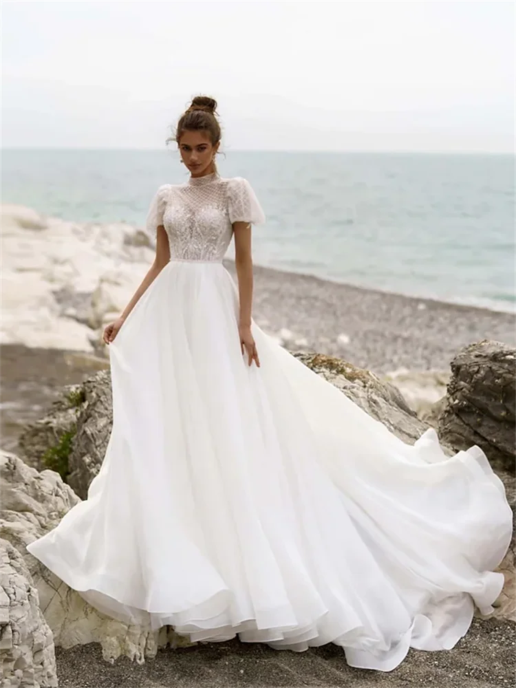 Beach Wedding Dresses Court Train Princess Short Sleeve High Neck Lace With Pleats Beading Bridal Gowns Elegant Long Dresses