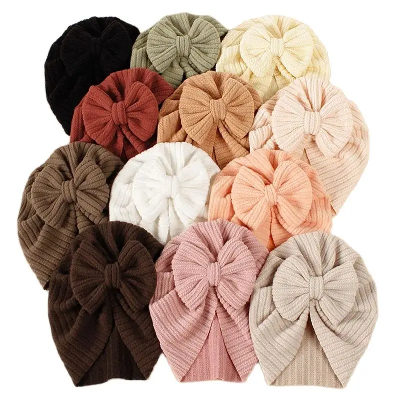 Cute Solid Color Baby Girls Boys Hat Lovely Bowknot Knitted Baby Hat Turban Soft Newborn Infant Cap Knitting Beanies Head Wraps