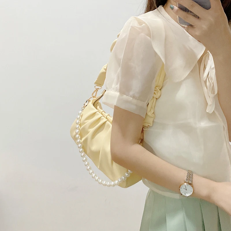 Light Yellow Single Shoulder Underarm Bag White Handbag for Women 2024 New Versatile Niche Design Beading Pleated Cloud Bags