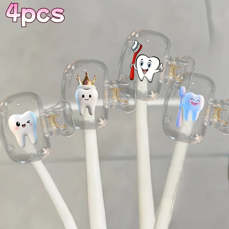 4pcs Cute Toothprint Toothbrush Holder Portable Set Home Brush Clip Protector For Family And Travel Use Party Gifts For Family