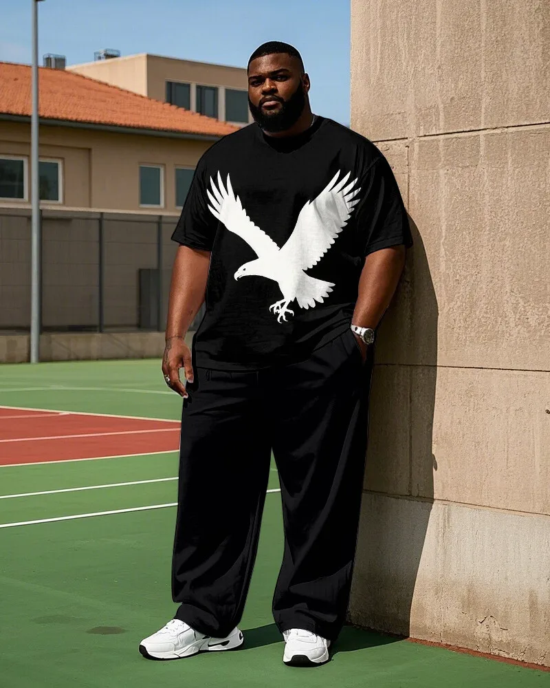 Men's Plus Size Eagle or Bird Graphic T-Shirt and Long Pants Set, 2 Piece Short Sleeve Crew Neck, Casual Summer Wear, S-9XL