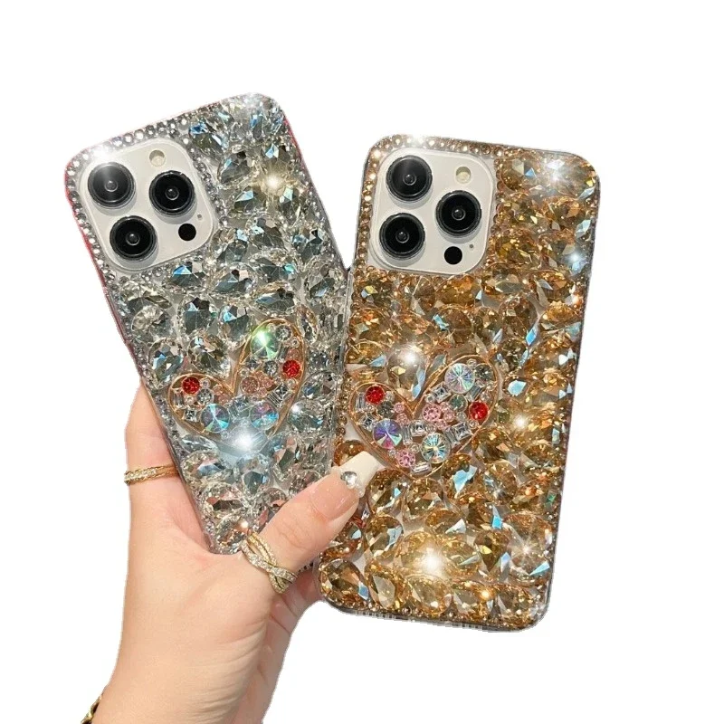 Cute Colorful Rhinestone Love Heart Cover, Full Crystal Case, for Samsung S23, S22, S21, S24 Ultra, Note20, A72, A73, A52, A82