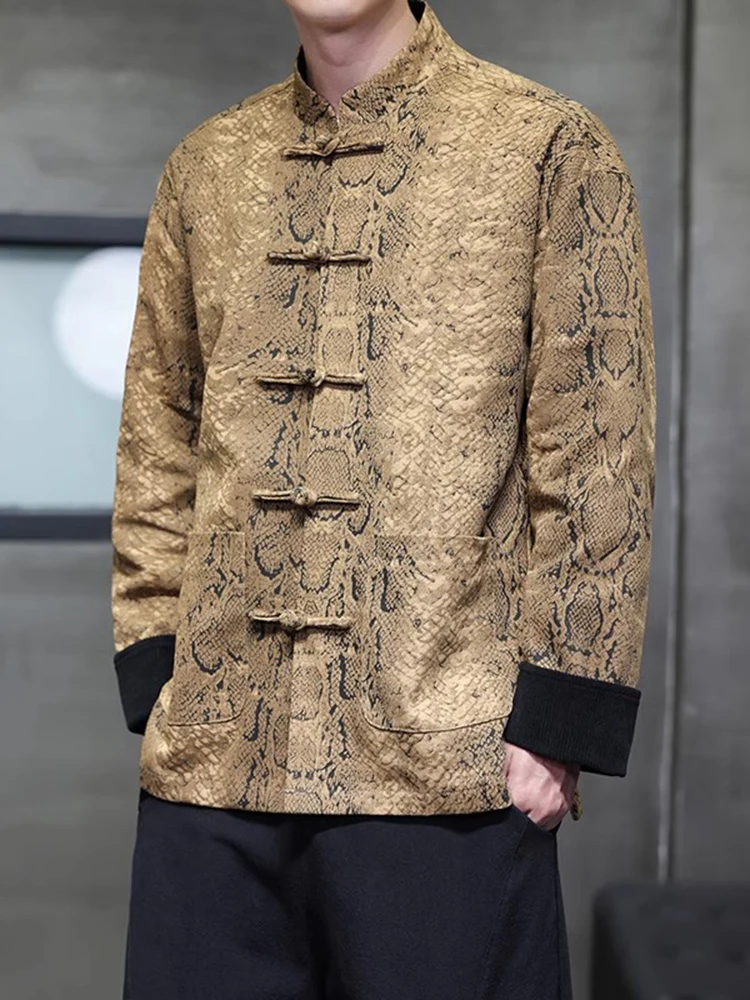 

Retro Print Jaet Men's Spring Autumn Sle Stand Collar New Chinese Dad Clothes Loose Fit Long Sve Anti-Wind