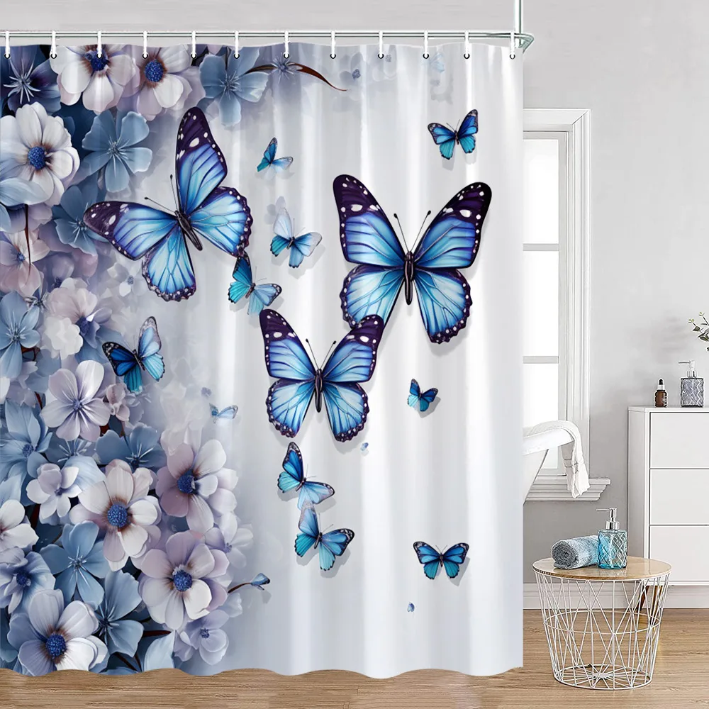 Blue Butterfly Shower Curtains Romantic Purple Floral Watercolour Art Bath Curtain Set Fabric Bathroom Bathtub Decor with Hooks