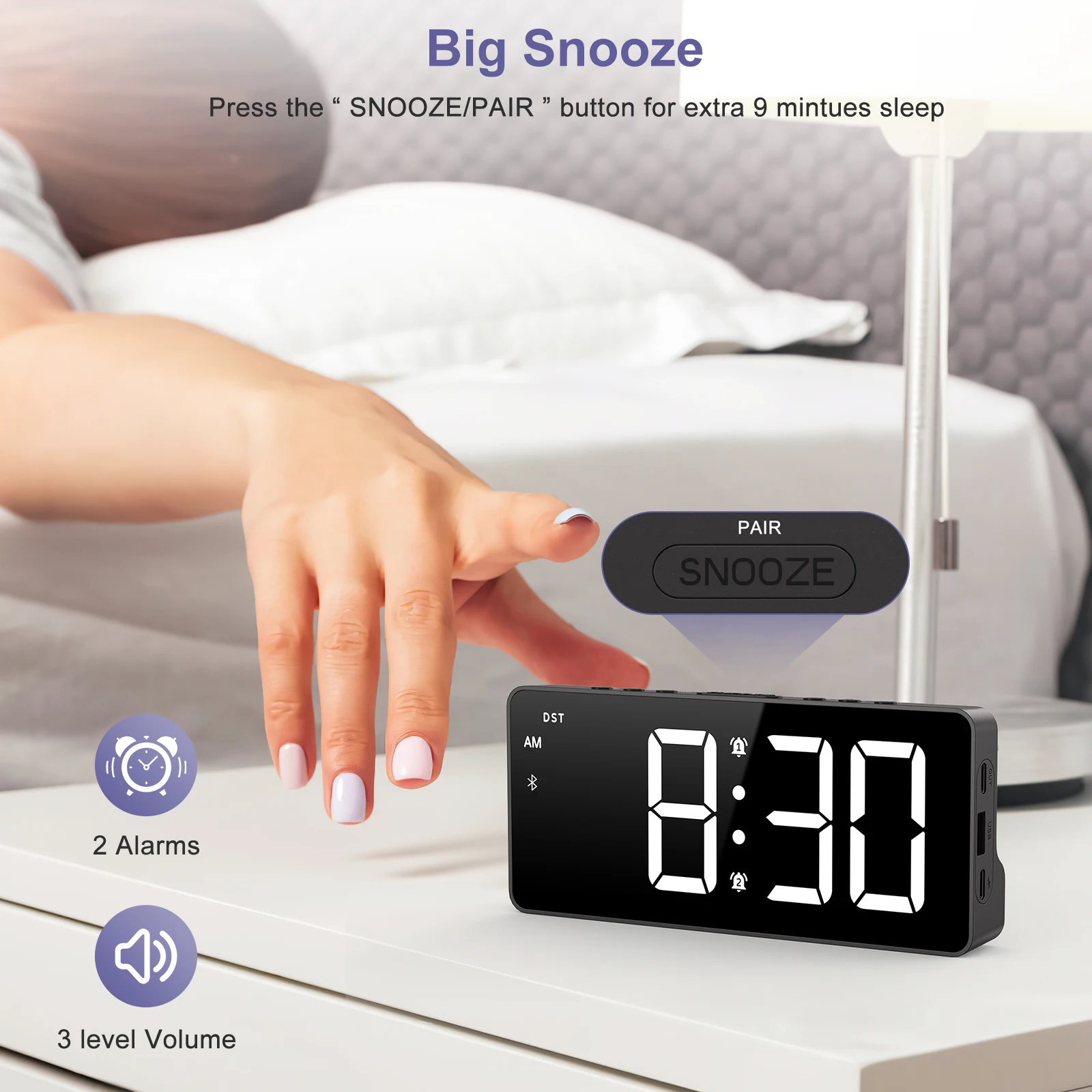 ساعة منبه LED مقاس 7 بوصات من ORIA مع ساعة منبه رقمية مزامنة بلوتوث مع منبه مزدوج و5 مستويات سطوع للاستخدام المنزلي والمكاتب