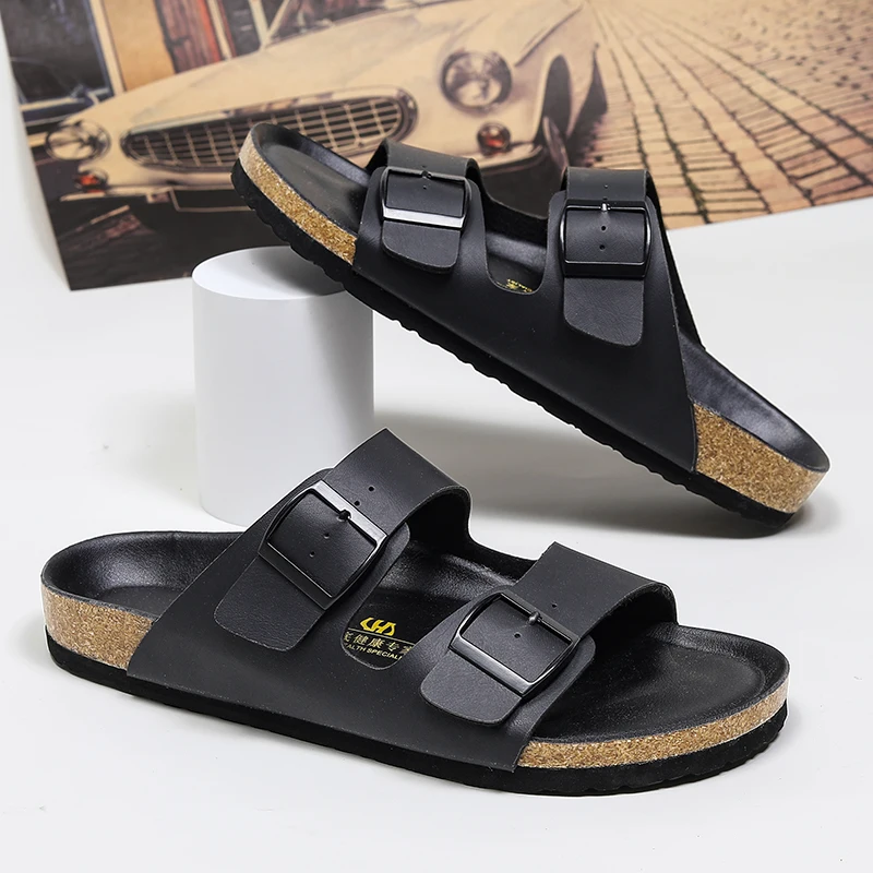 Summer Beach Sandals Classic Double Button Black Slippers Shoes Leather Soft Footwear Male Soft and Comfortable Bottom Slippers