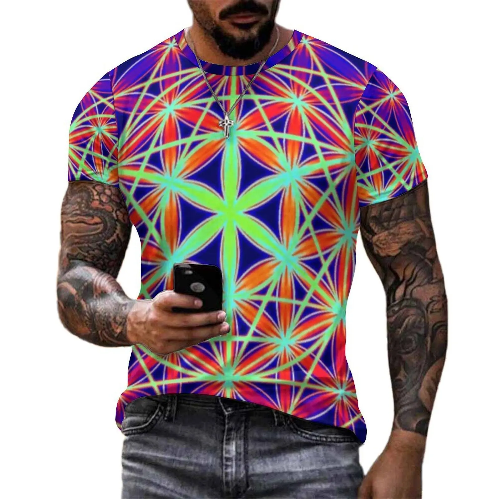 Mens Sacred Geo Print T Shirt Psychedelic Flower of Life Popular T-Shirts Short-Sleeved Design Tops Summer Casual Top Tees