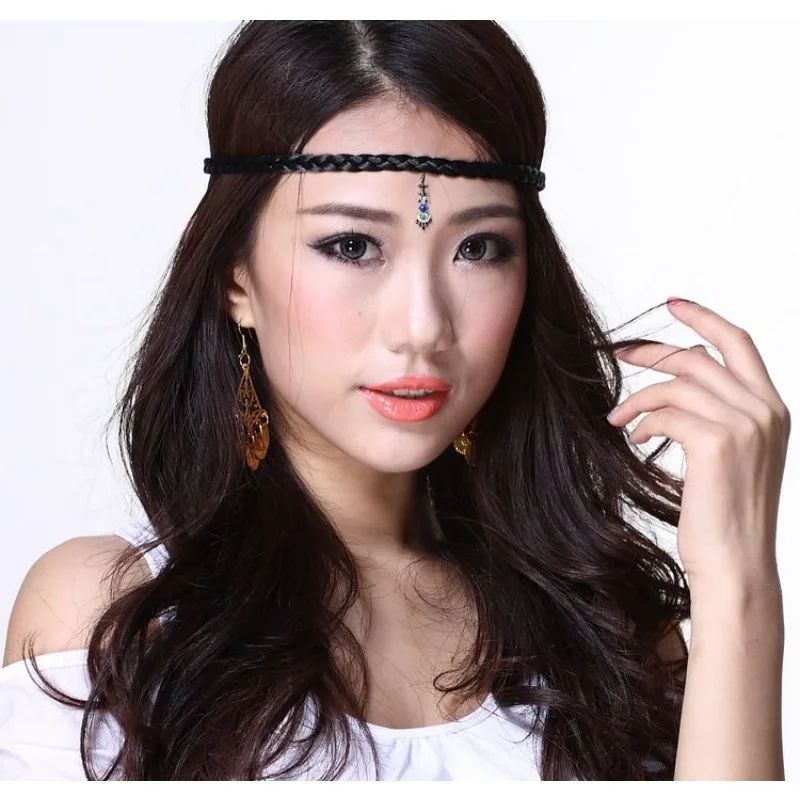Customized Belly Hair Rope Dance Headdress with Accessories Elastic Fried Dough Twists Braid Headband Wig Forehead Band