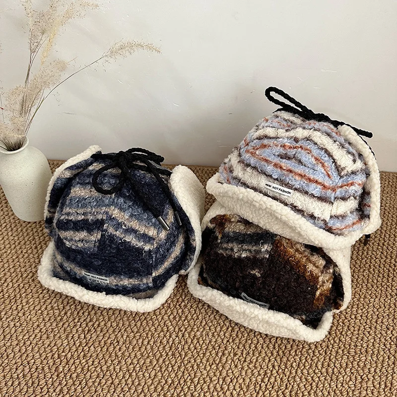 Women Retro Striped Bomber Hat Color‑Block Plush Drawstring Earflap Hat Winter Fleece‑Lined Windproof Vibe Ski Trapper Cap
