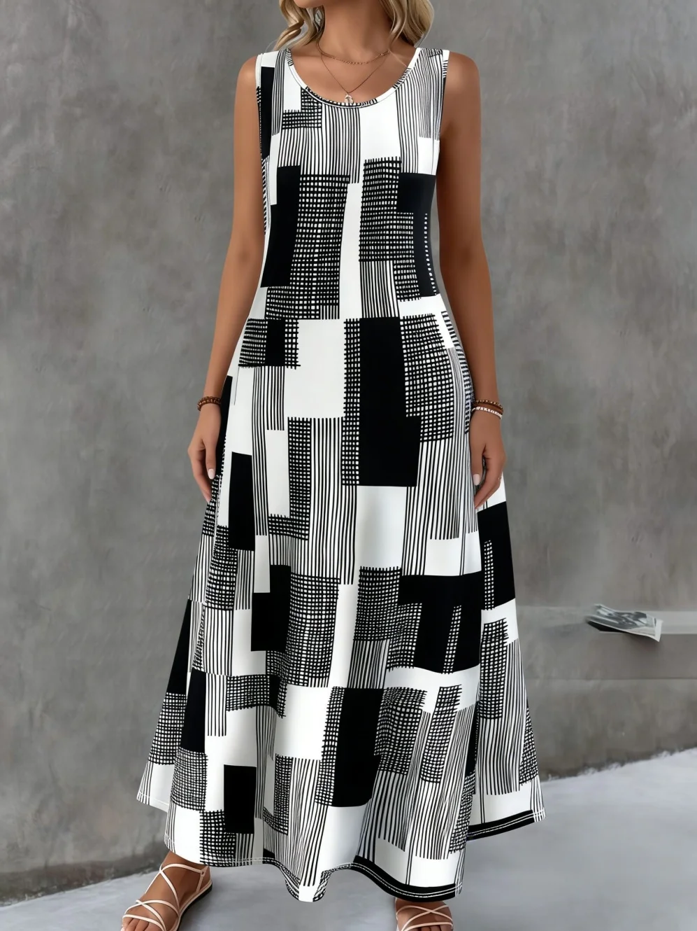 Damen-Sommerkleid, einfaches Gittermuster-Design, modisches Rundhals-Design, Damenkleidung, lässig, cool, sexy, ärmellose Kleider für Damen – Detail 7