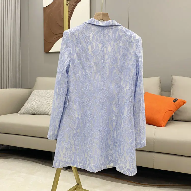 2024 Spring and Autumn Long Sleeved Button Slim Fit Mid to Long Lace Small Suit Ice Silk Jacket