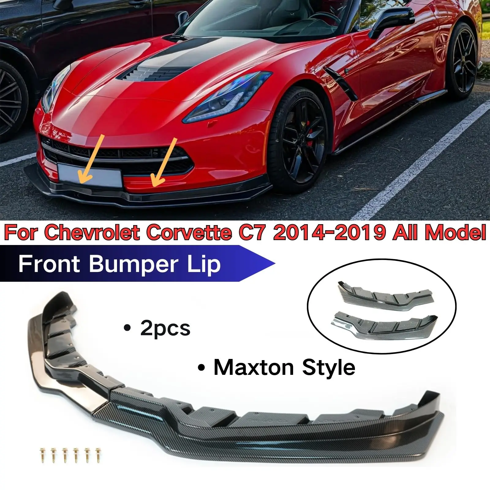 Front Bumper Lip For Chevrolet Corvette C7 2014-2019 All Model Spoiler Splitter Glossy Black 2PCS Cars Accessories Body Kit