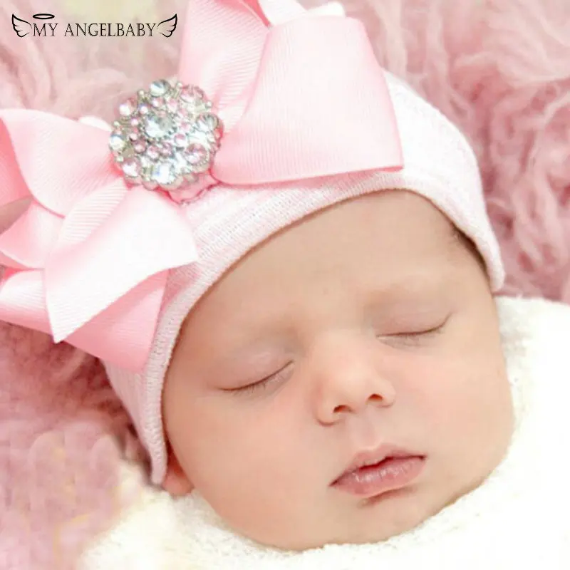 Newborn Baby Hat Shiny Diamond Toddler Baby Warm Hats Cotton Striped Caps Soft Hospital Pink White Boys Girls Bow Beanies  Baby