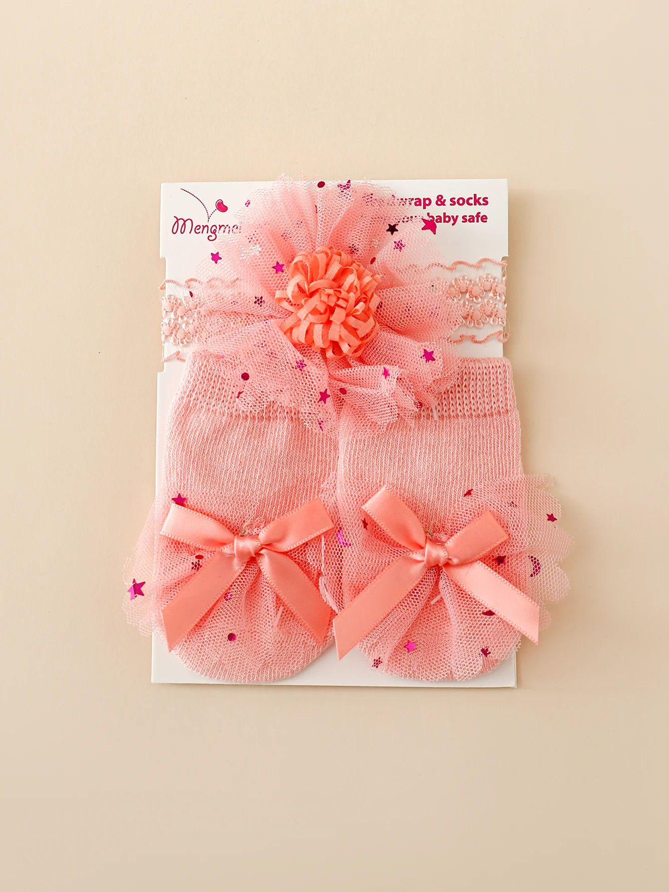 2Pcs Girls Headband Socks Set,Solid Soft Socks Decoration with Netting Fabric Bows and Elastic Hairband for Babies 0-6m Outfits