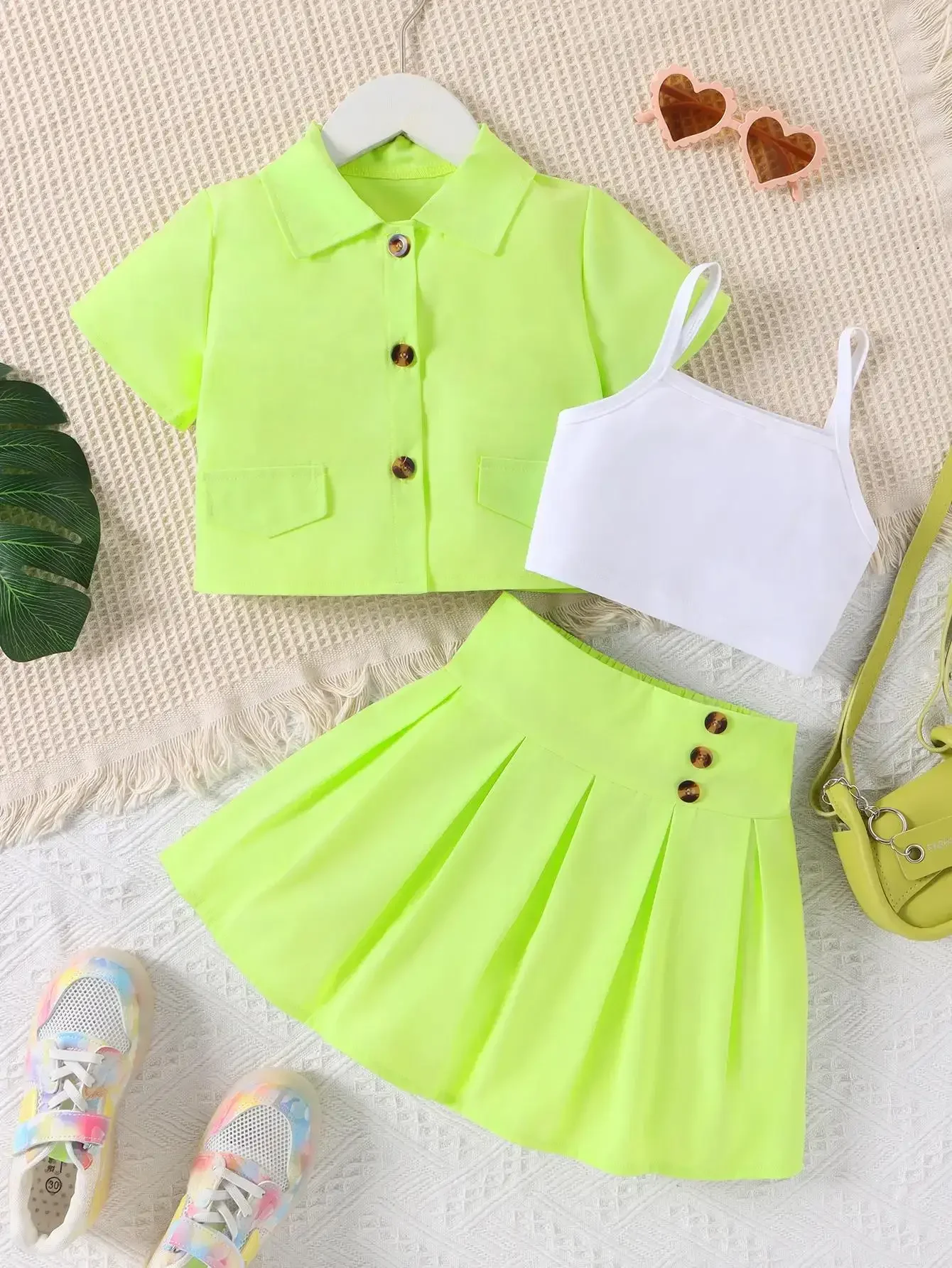 

4 5 6 7 Years New Girls Clothing Sets Lapel Fluorescent Color Set 3 Piece Camisole Vest + Lapel Top Short Skirt Set Kids Clothes