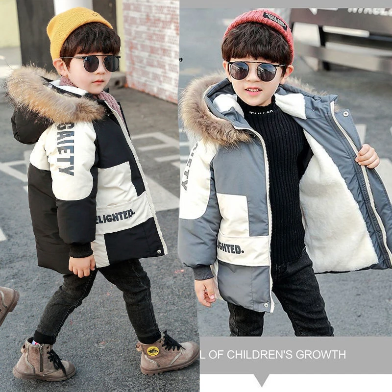 

2-8 Years Winter Thick Keep Warm Boys Jacket Fashion Splicing Style Big Fur Collar Inner Lining With Velvet Hooded Coat For Kids
