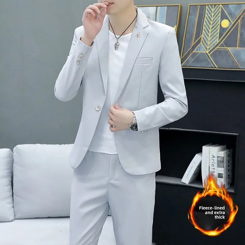 

Men's Autumn Winter Thiened Fce Lined Slim Fit Two Piece Suit Korean Sle Pure Color Formal Wear Stand Fit Single Bu...