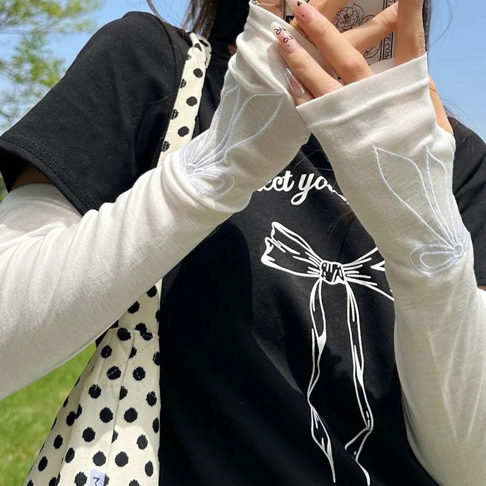 

Sweet Bow Ice Sleeves Embroidered Korean Style Breathable Long Arm Sleeves Polyester Anti-UV Arm Sunscreen Covers Sport