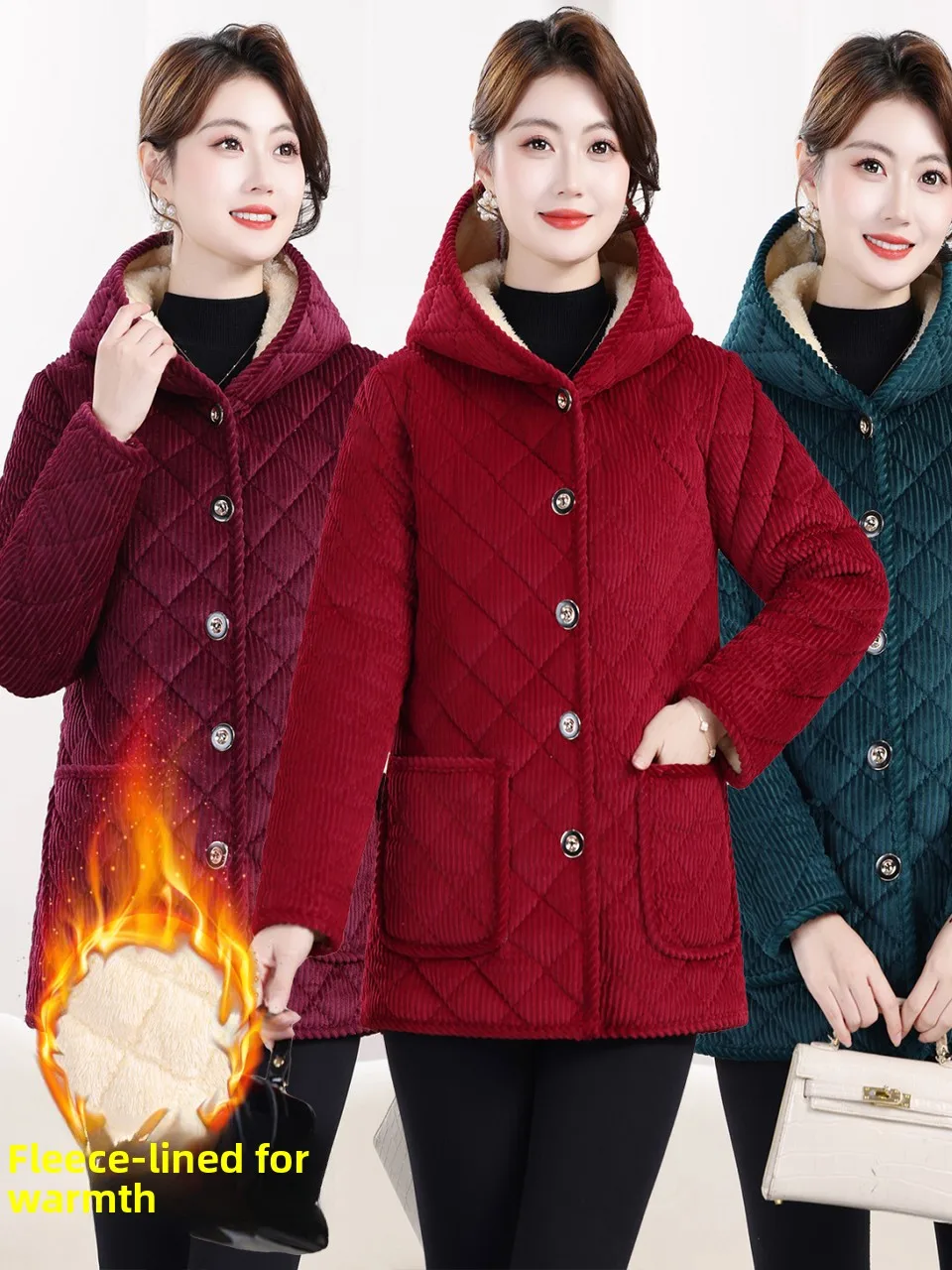 

Утепленная хлопковая куртка с капюшоном на флисовой подкладке для женщин среднего и старшего возраста, теплая повседневная верхняя одежда с воротником-стойкой и пуговицами.