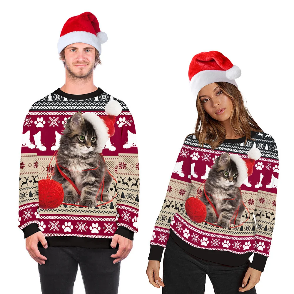 

2026 Autumn/Winter Sweater Christmas Round Neck Sweater Christmas Cat Sweater Digital Print Chain Hoodie Sweater
