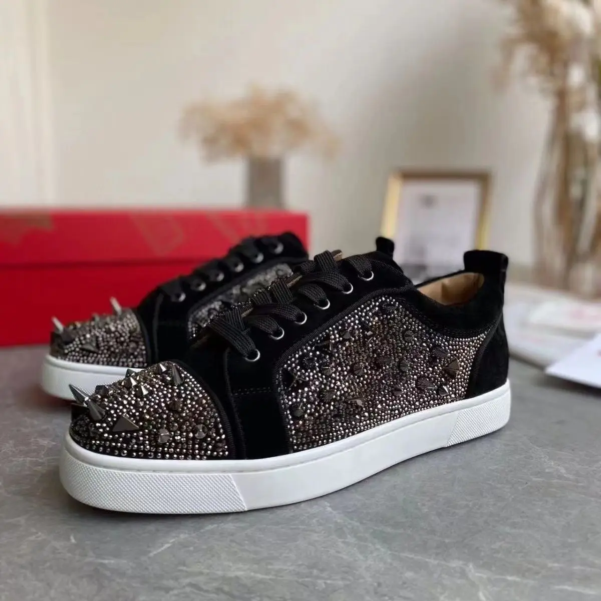 New Men's Breathable Rhinestone Red-soled Casual Shoes, High-quality Men's Increased Rivet Non-slip Casual Shoes, Men's Shoes