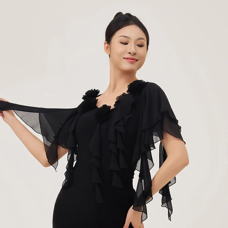 2025 大人モダンダンスパフォーマンス服メッシュフラワートップ女性のためのワルツタンゴラテン社交ダンス衣装着用 DN22393