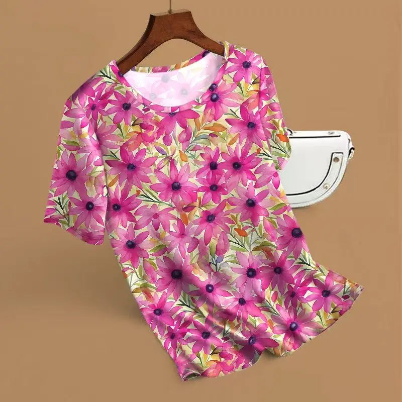SYsYouthfully Summer 3d Fllower Printed Top Women Loose Short Sleeve T Shirts Ice Silk Polyester Casual Thin Outdoor Homewear view 2