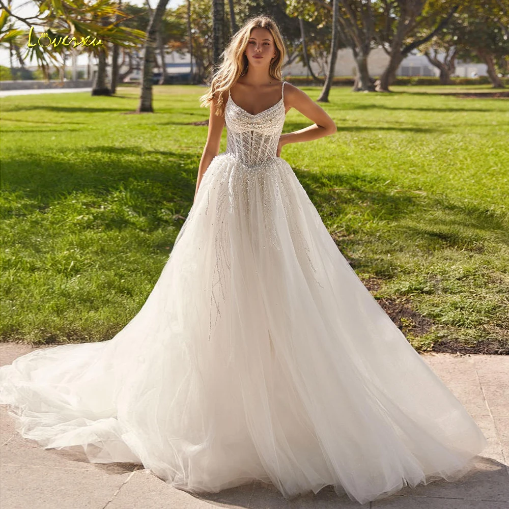 

Loverxu сексуальные свадебные платья трапециевидной формы с милыми бретельками Vestido De Novia, кружевное блестящее свадебное платье с вышивкой на заказ