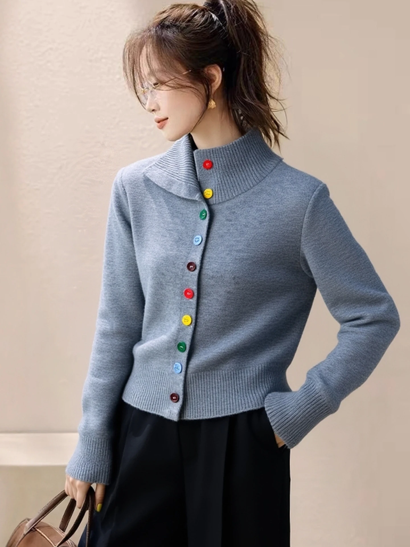

High-End European Brand Winter Vintage Rainbow Button High-Ne Knitted ort Cardigan Lazy Sle Sweater Jaet for Women