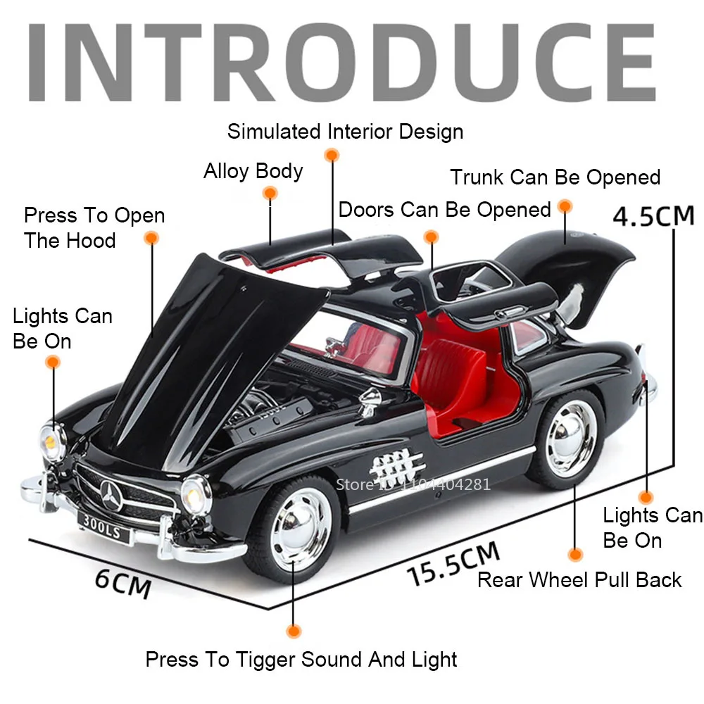 1:32 300SL 500K Legierungsmodell Spielzeug Diecast-Autotüren geöffnet mit Tonlicht Zurückziehen Miniatur-Vintage-Autos Geburtstagsgeschenke für Jungen