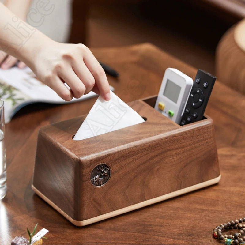 

FAS Grade Black Walnut Wood Tissue Box Retro Relief Solid Wood Napkin Holder Coffee Table Desktop Remote Control Organizer Home