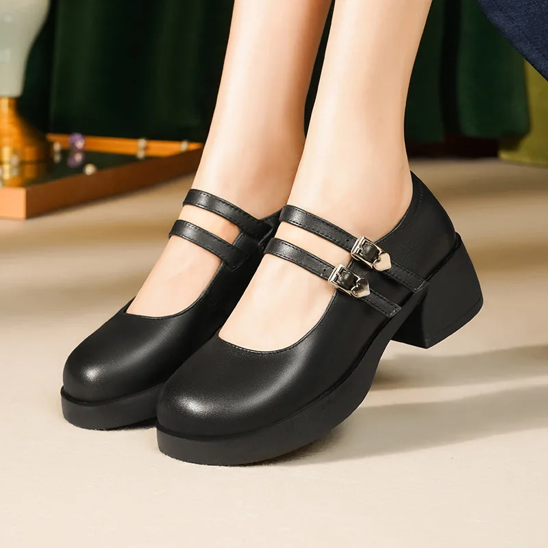 

Универсальные винтажные туфли из натуральной кожи с двойной пряжкой 4,5 см, женские туфли Мэри Джейн, осень 202, туфли на платформе на блочном каблуке, повседневные туфли на платформе