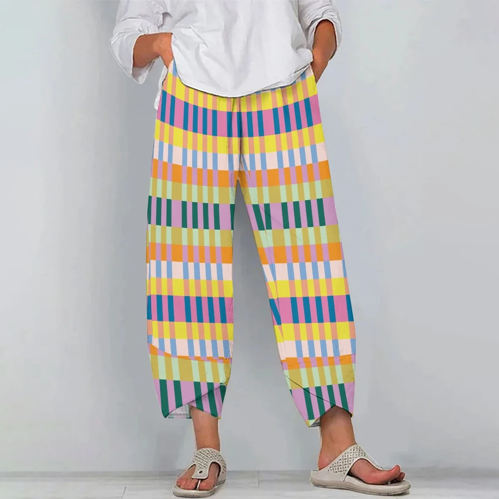 

Women's Casual Trousers Colorful Rectangular Block Print Pants Cross Folded Foot Opening Square Grid Printing Britches Summer