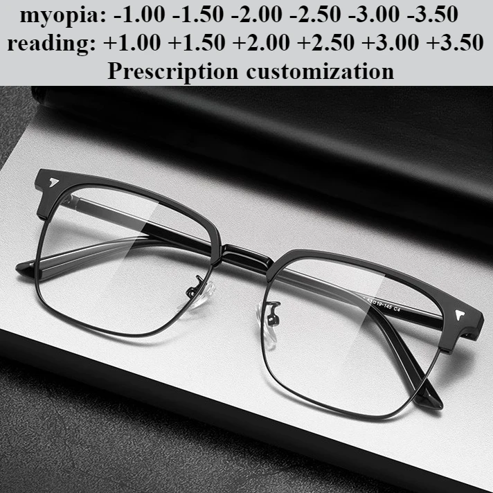

53 мм ультра-легкие очки для близорукости мужские TR90 металлические черные полуоправы индивидуальные очки для чтения с защитой от синего света