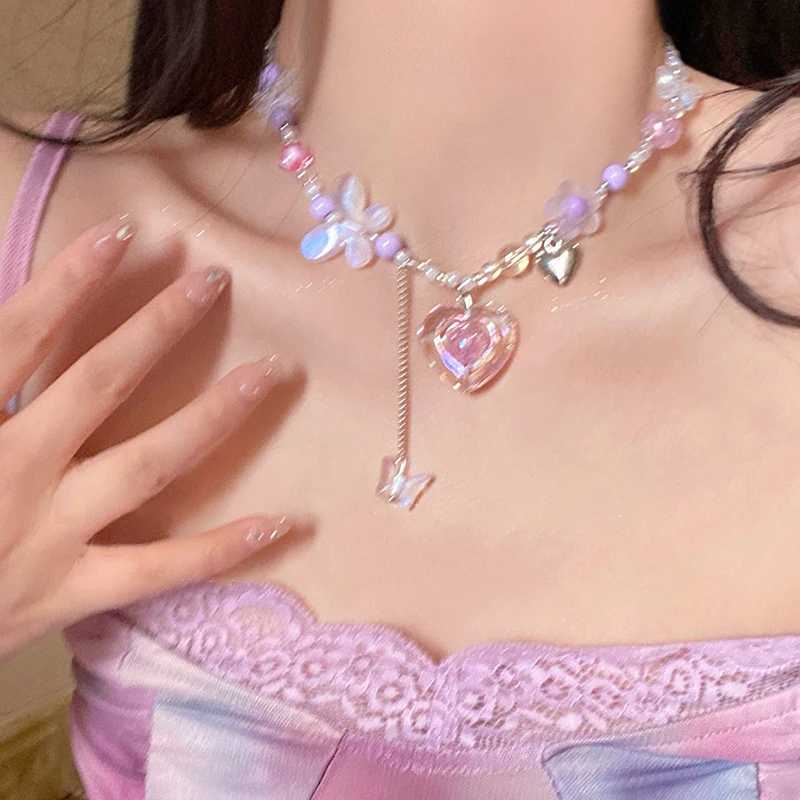 Kpop Goth Y2K Herz Schmetterling Anhänger Halsband Bunte Halskette Schlüsselbein Kette für Frauen Mädchen Punk Süße Ästhetische Schmuck Party – Detail 1