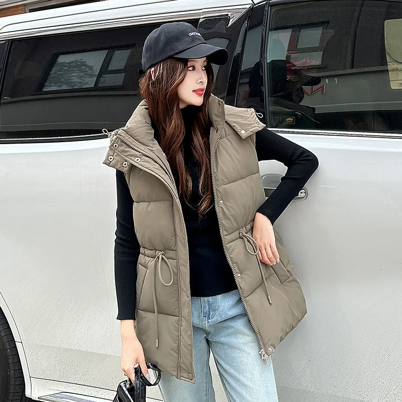 PinkyIsBlack 2025 New Autumn Hooded Drawstring Mid-length Winter Vest Women's Cotton Padded Jacket Coat Solid Casual Outwear