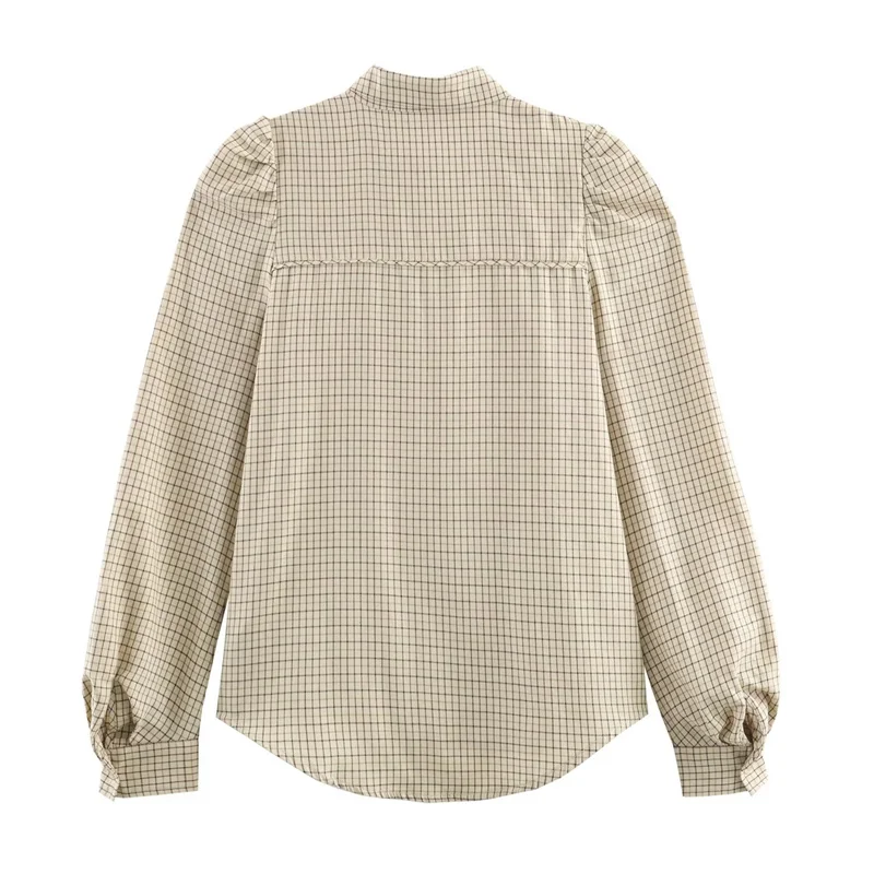 Damesoverhemd 2025, herfst nieuwe stijl kaki geruit overhemd met lange mouwen, strikversiering en knopen met enkele rij knopen, casual mode