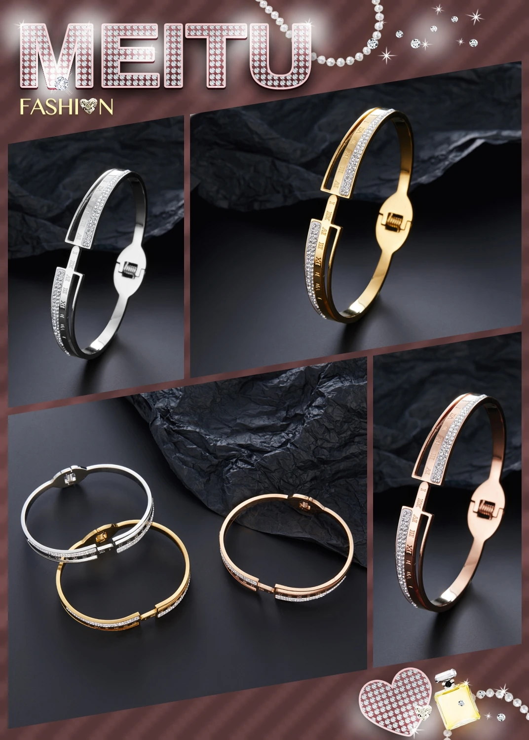 

Fashionable stainless steel Roman numerals gold-plated zircon women's bracelet, jewelry for women, wife's festival gift